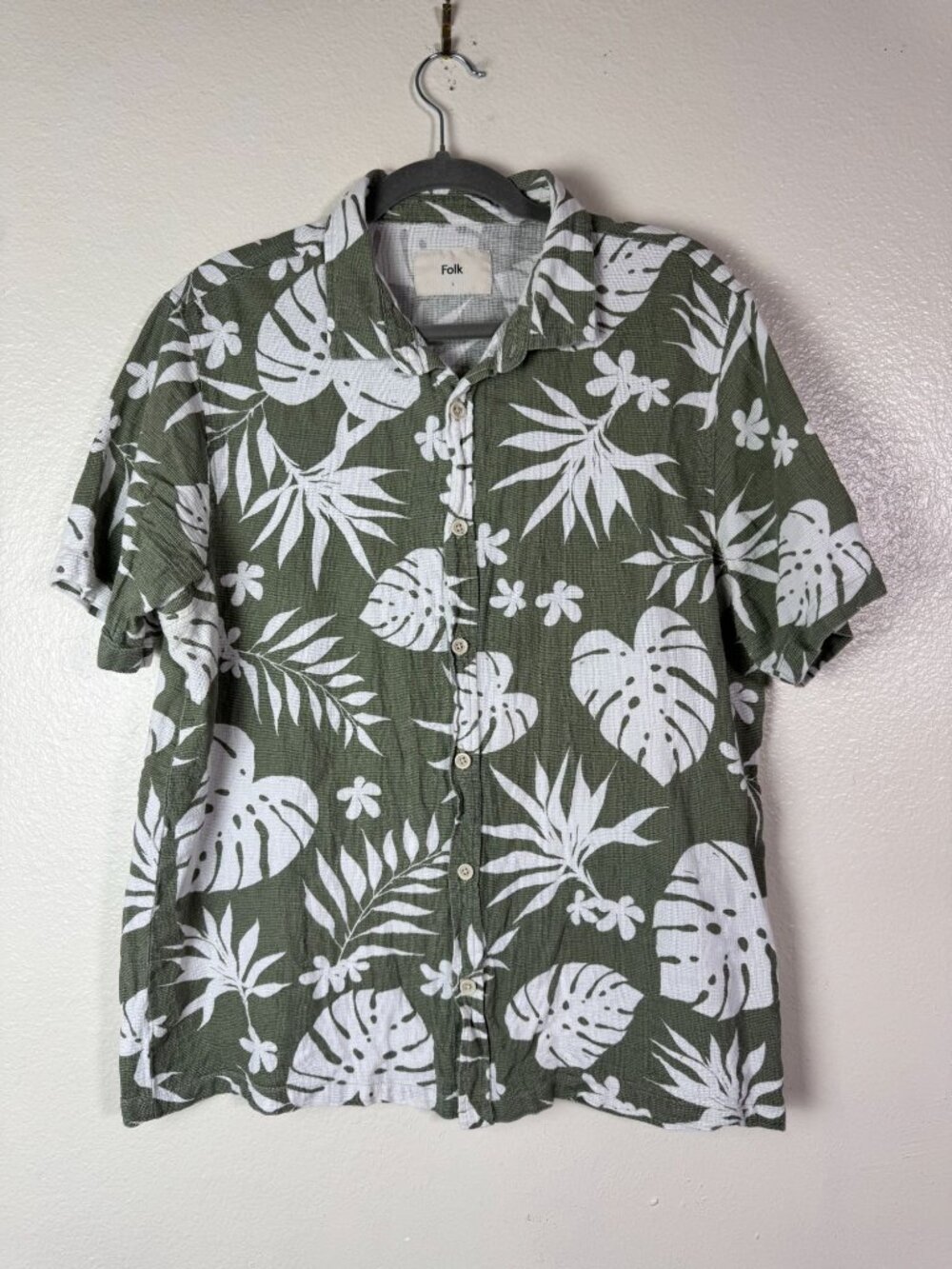 Folk Green White Tropical 100% Cotton Button Up Short Sleeve Shirt Large Gauzy
